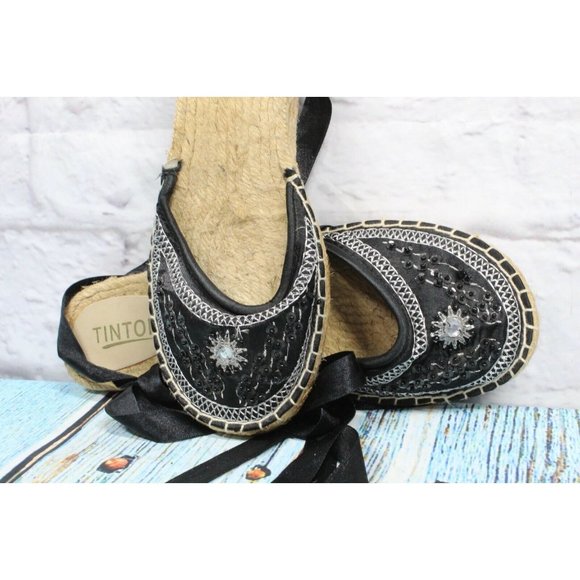 Tintori Black Beaded Embroidered Espadrille Lace-up Sandals Size 40 / 9 - Picture 7 of 9